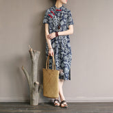 Loose Jacquard Short Sleeve Cheongsam Midi Dress